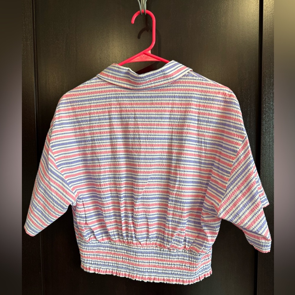Eesome Button Down Shirt Pink and Blue Stripes with ruched back
Size Medium
NWT - Picture 2 of 3